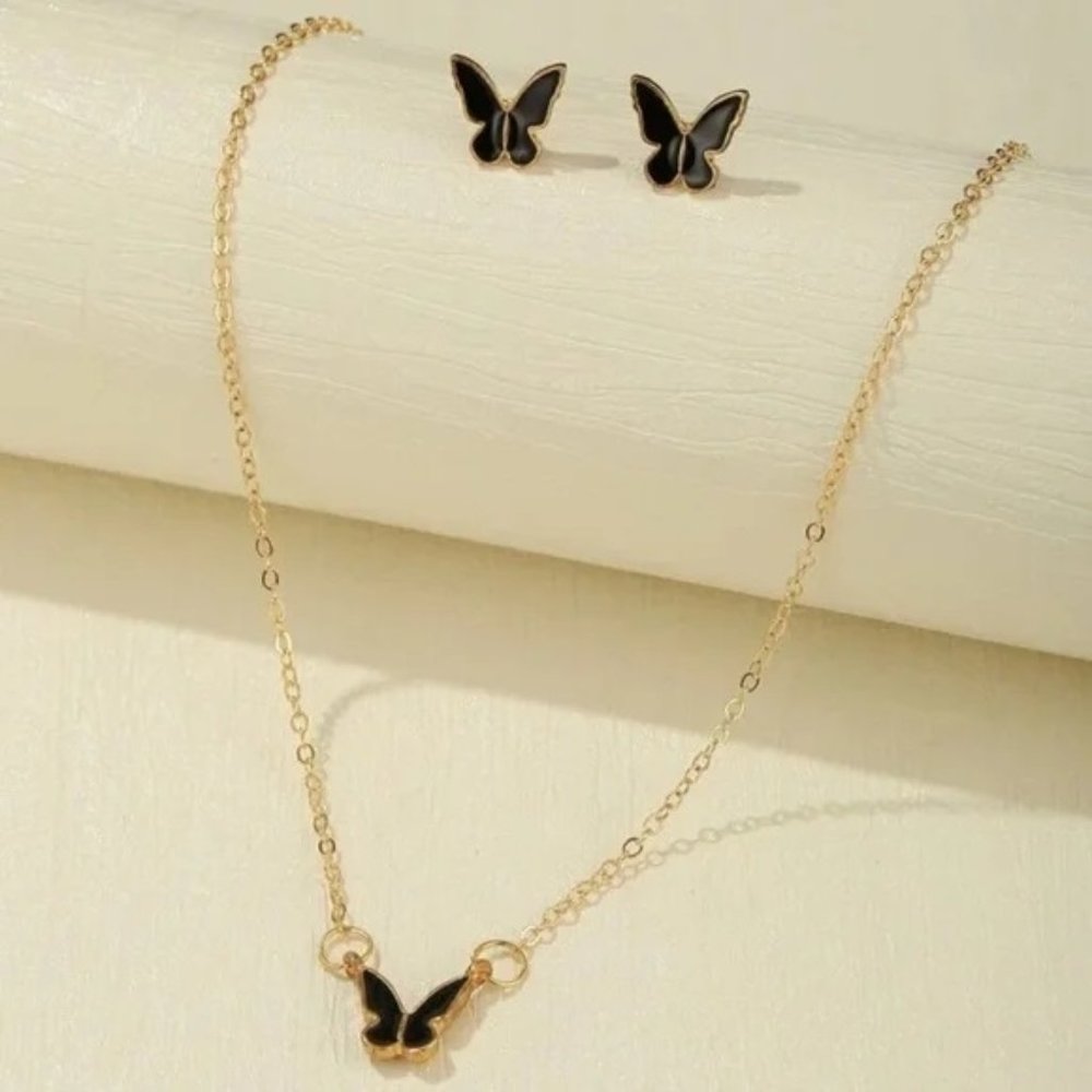 Black Butterfly Necklace & Matching Earrings